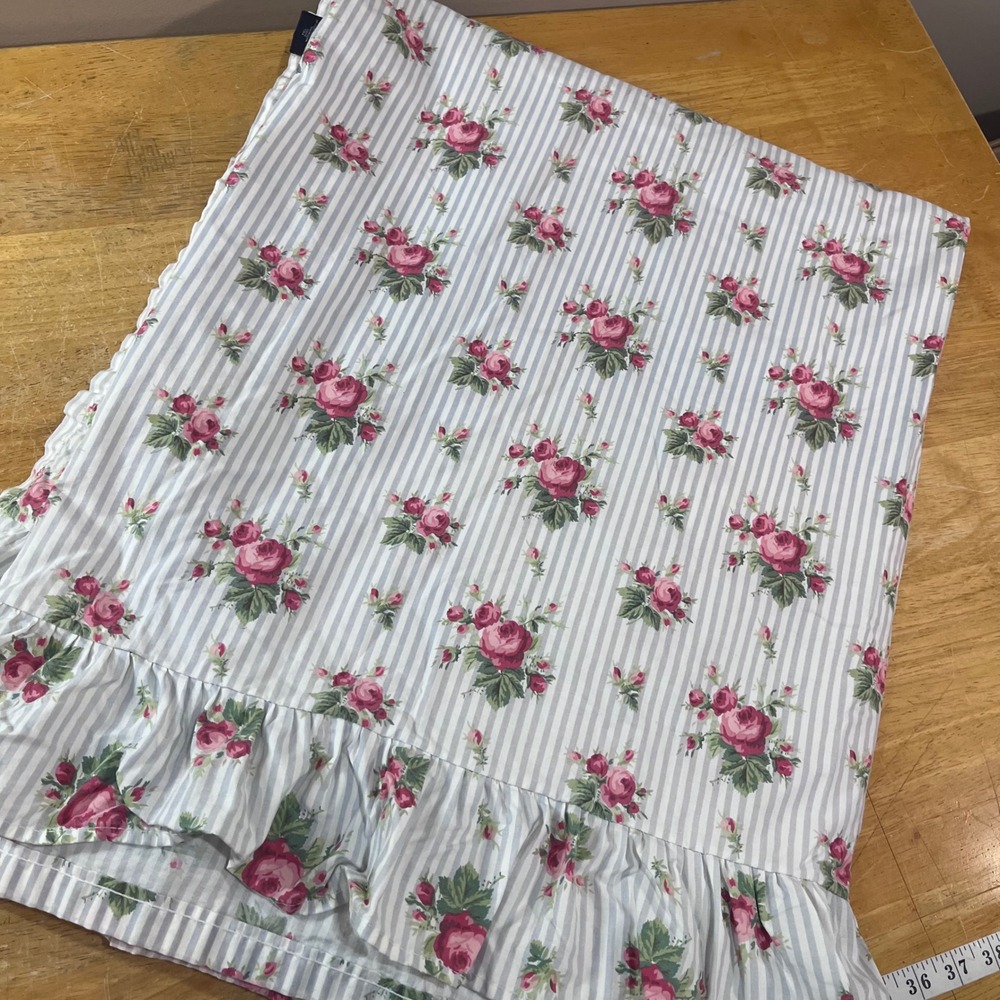 Vtg Ralph Lauren Emma Blue Floral Rose Ticking Stripe Ruffle Full Flat Sheet USA